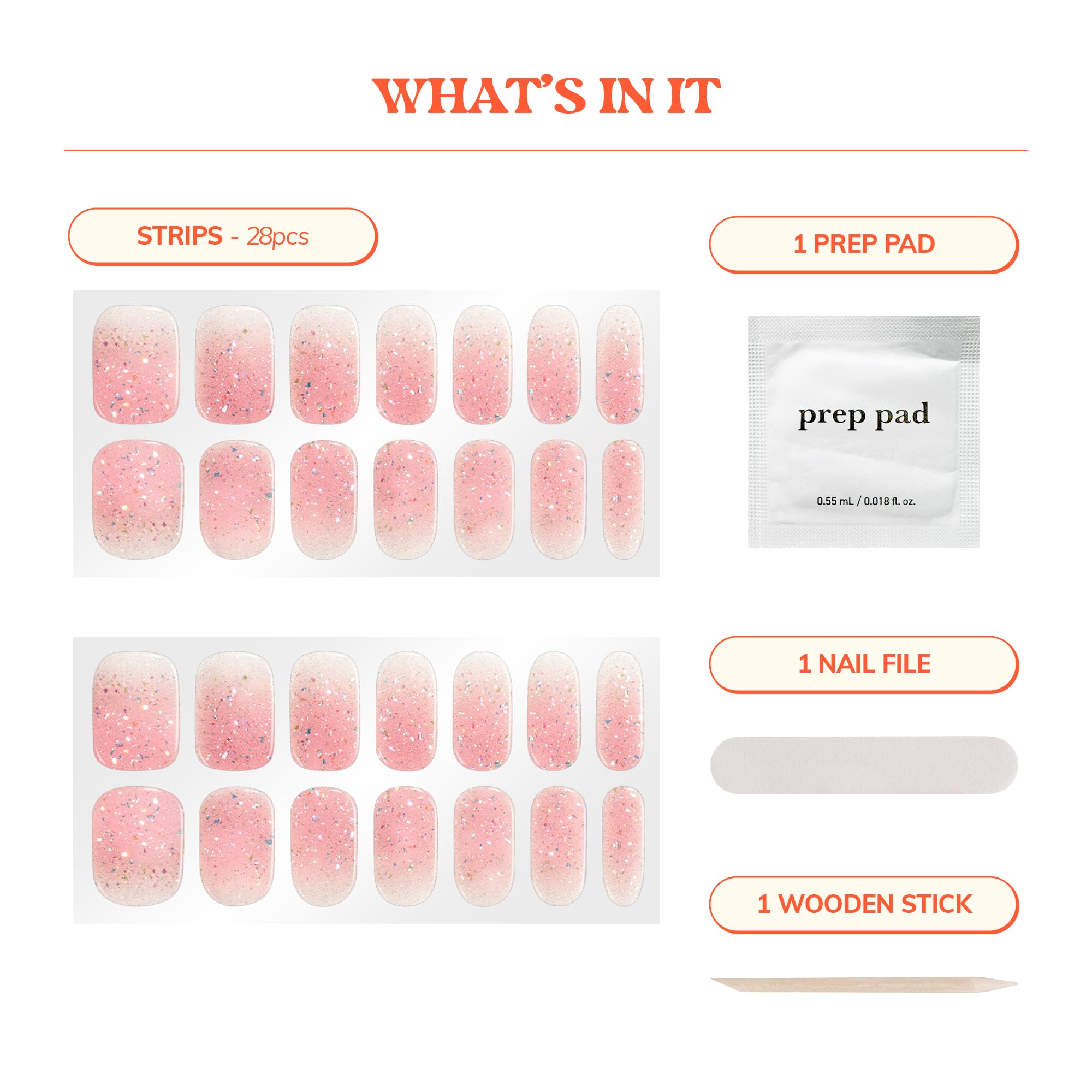 Contents of Heyhae semi cured gel nail kit including file and stick