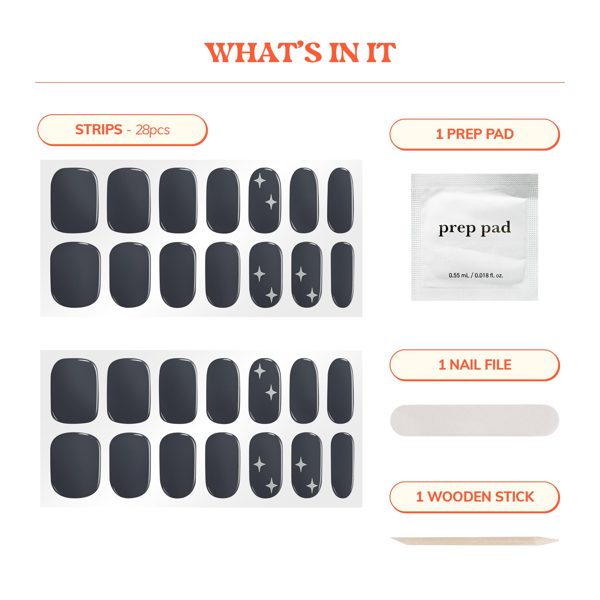 Heyhae gel nail strips kit contents including nail file and wooden stick