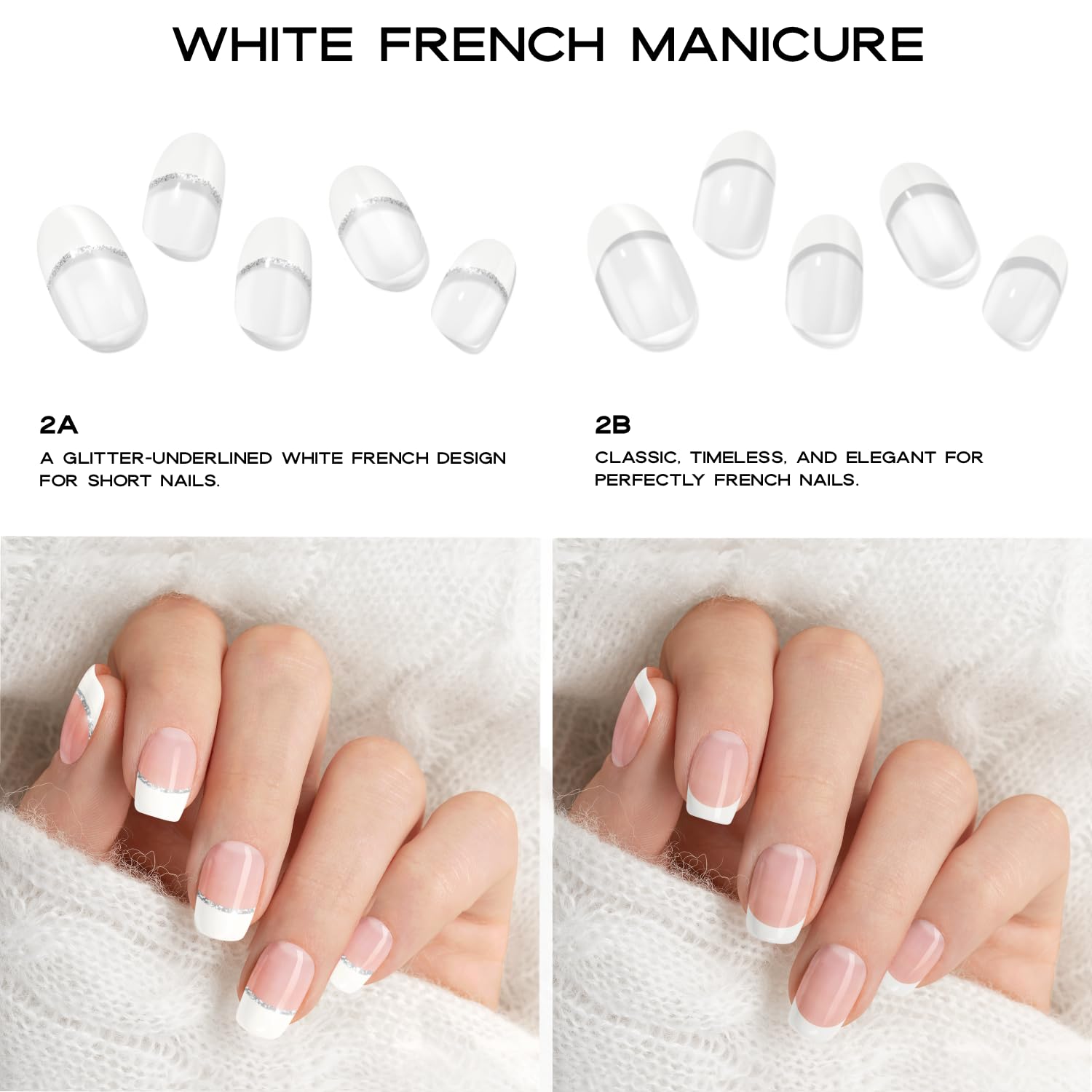 Close up view of glossy white french gel nail stickers