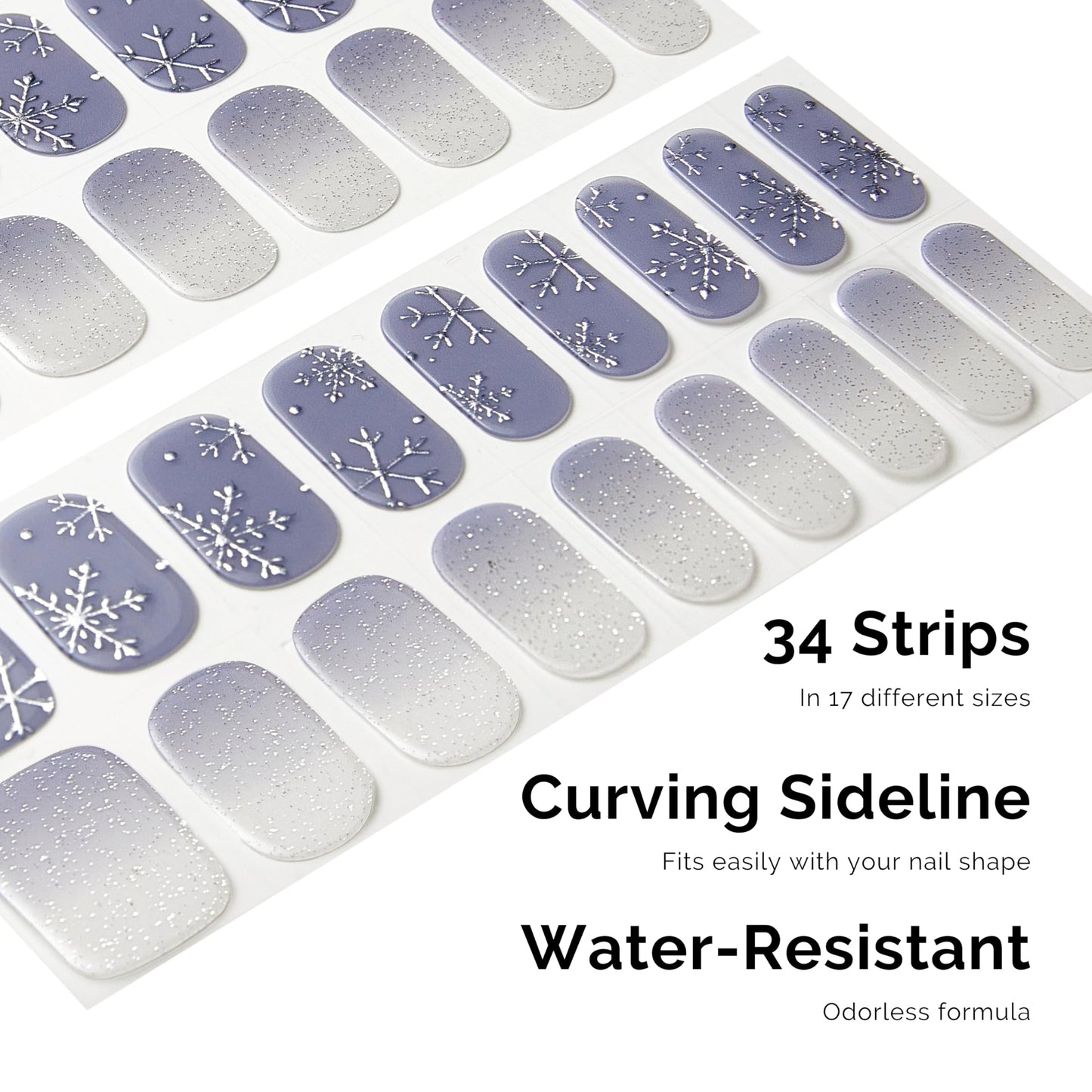 Close up of lavender and silver winter gel nail stickers
