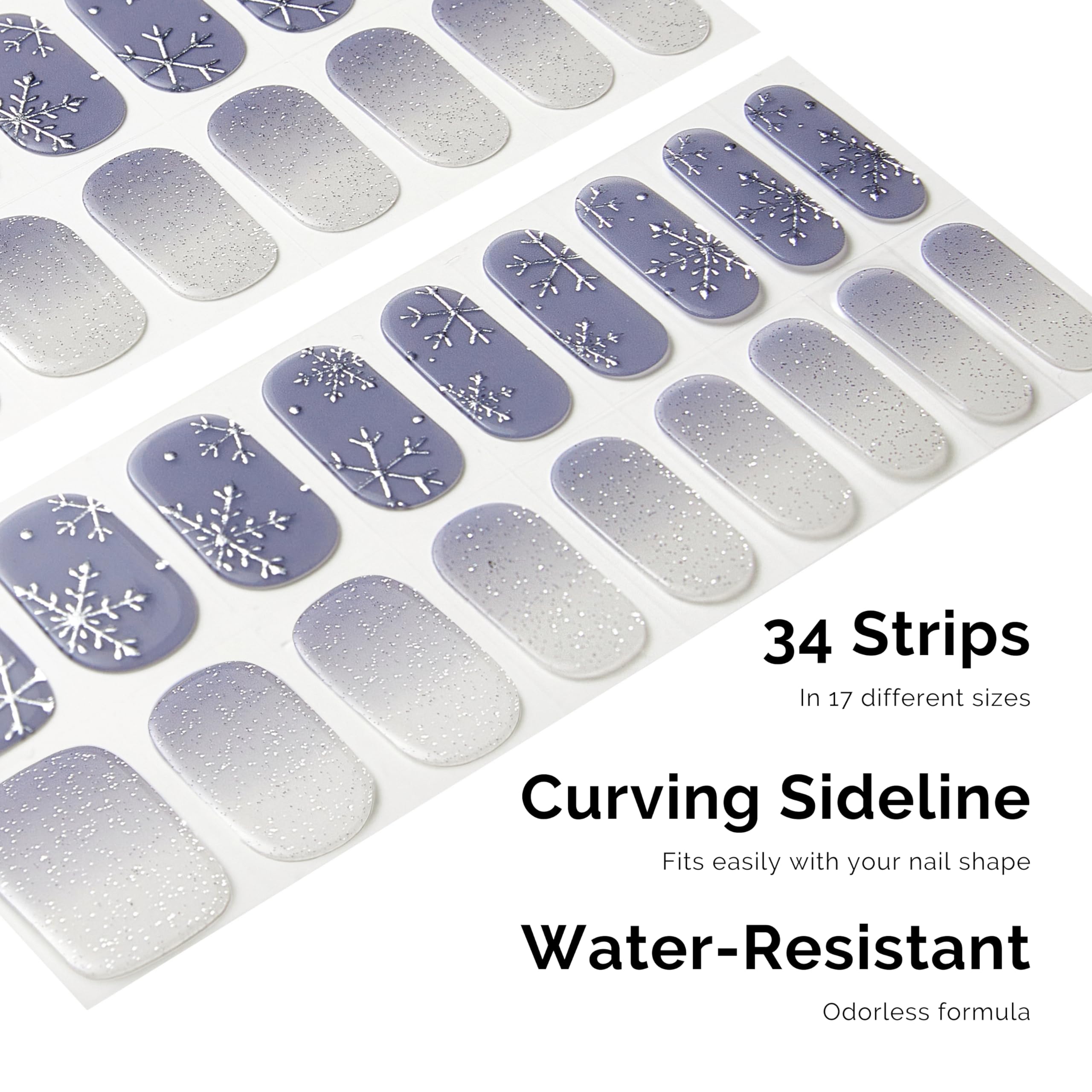 Close up of lavender and silver winter gel nail stickers