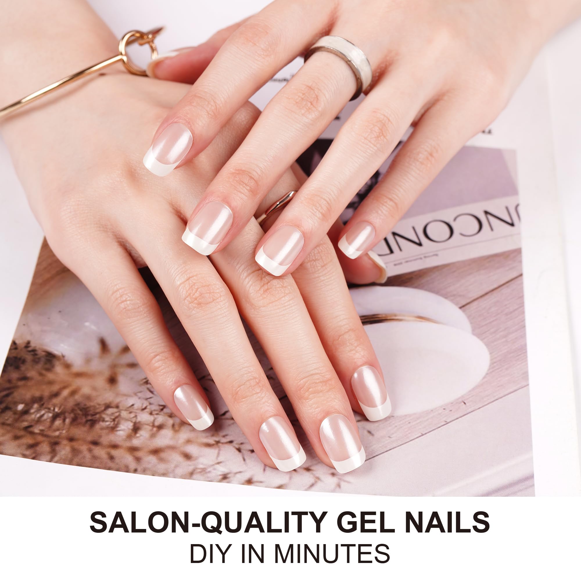 Close up of Lily Grace French tip gel nail wraps on fingers