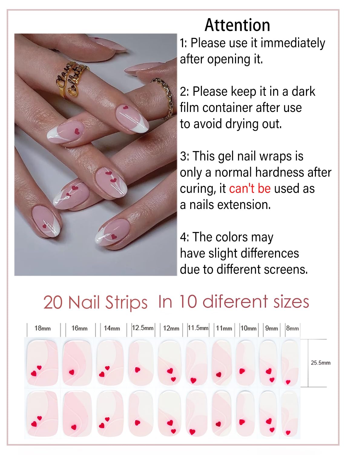 Close up view of Valentine themed gel nail stickers on natural nails