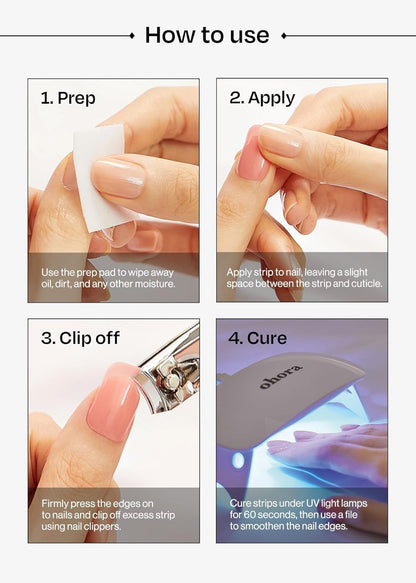 Ohora semi cured gel nail strips under UV LED lamp curing