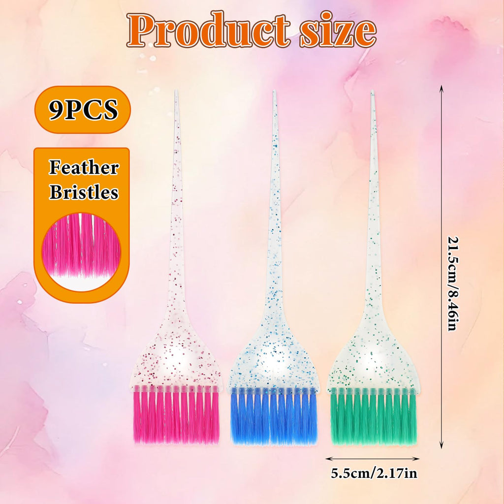 Stylance hair dye brush set showing pink, green, and blue glitter handles.