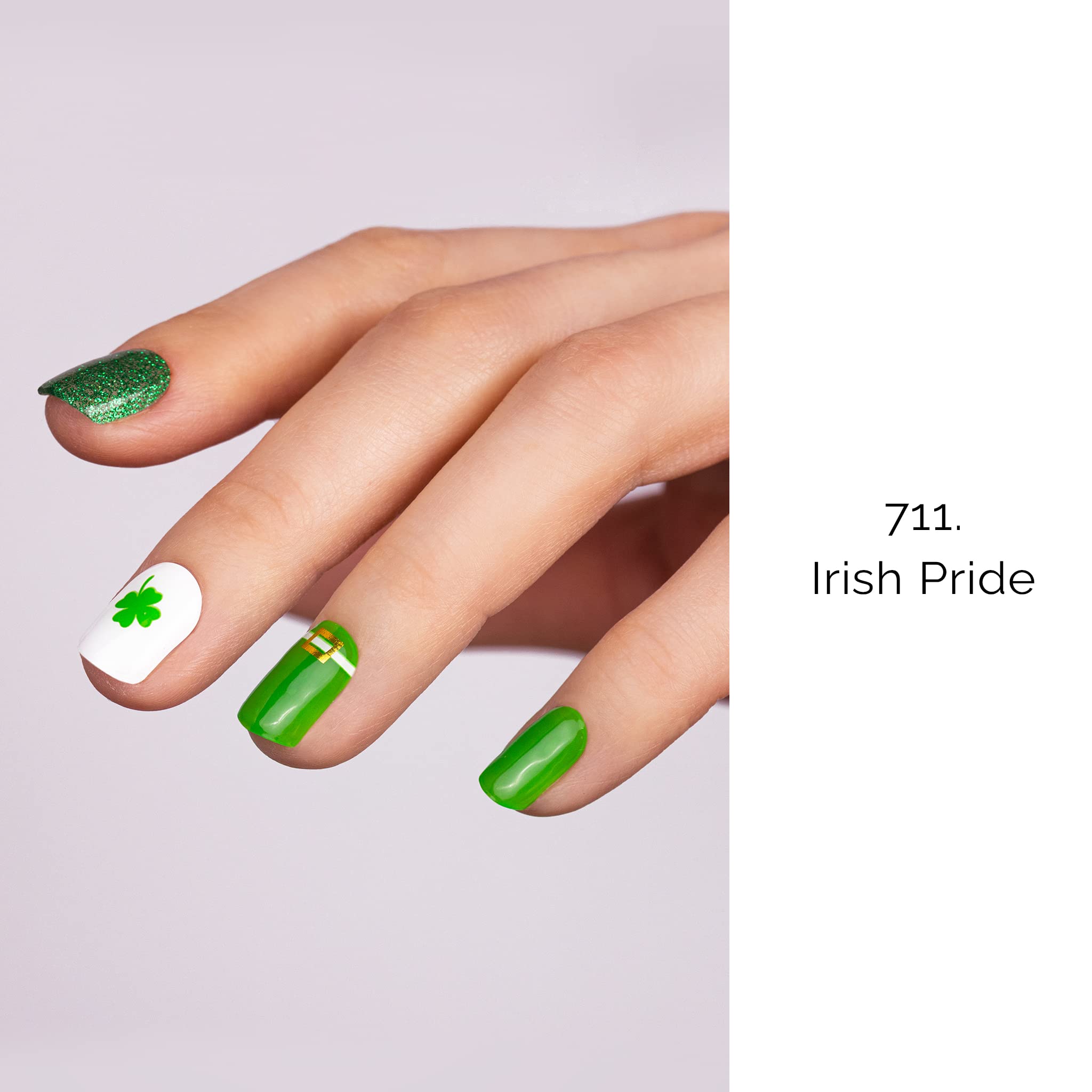 Close up of green shamrock and glitter gel nail designs