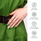 Close up of glossy gel manicure strips on fingers