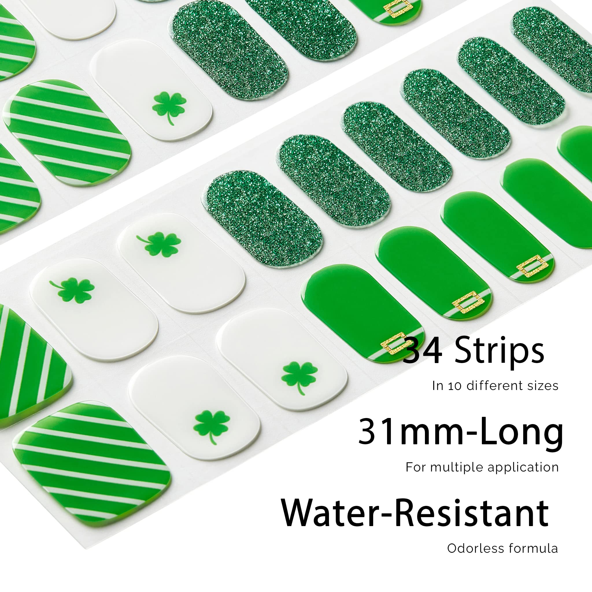 Model showing finished green themed St Patricks Day gel manicure