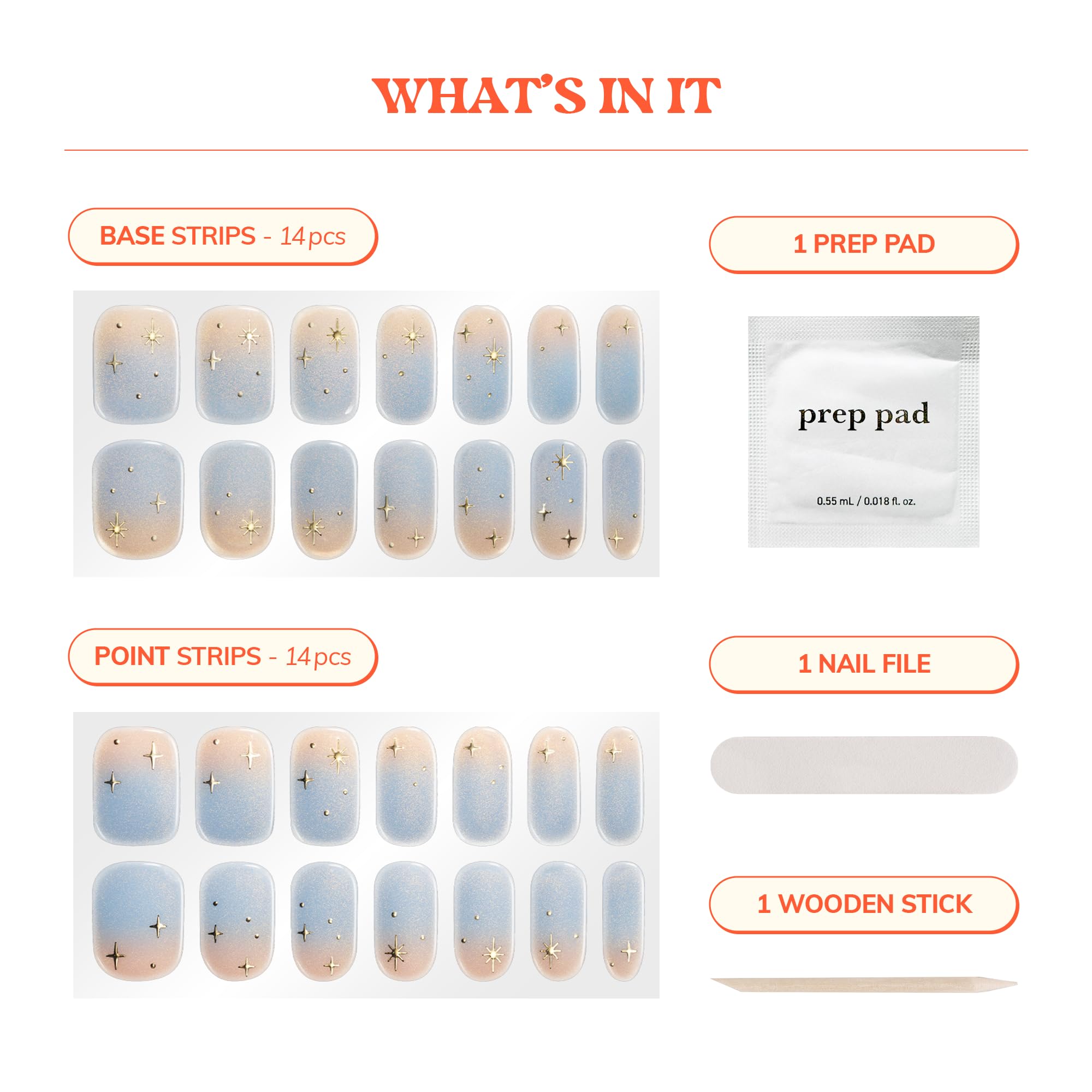 Heyhae gel nail strip application kit contents including file and stick