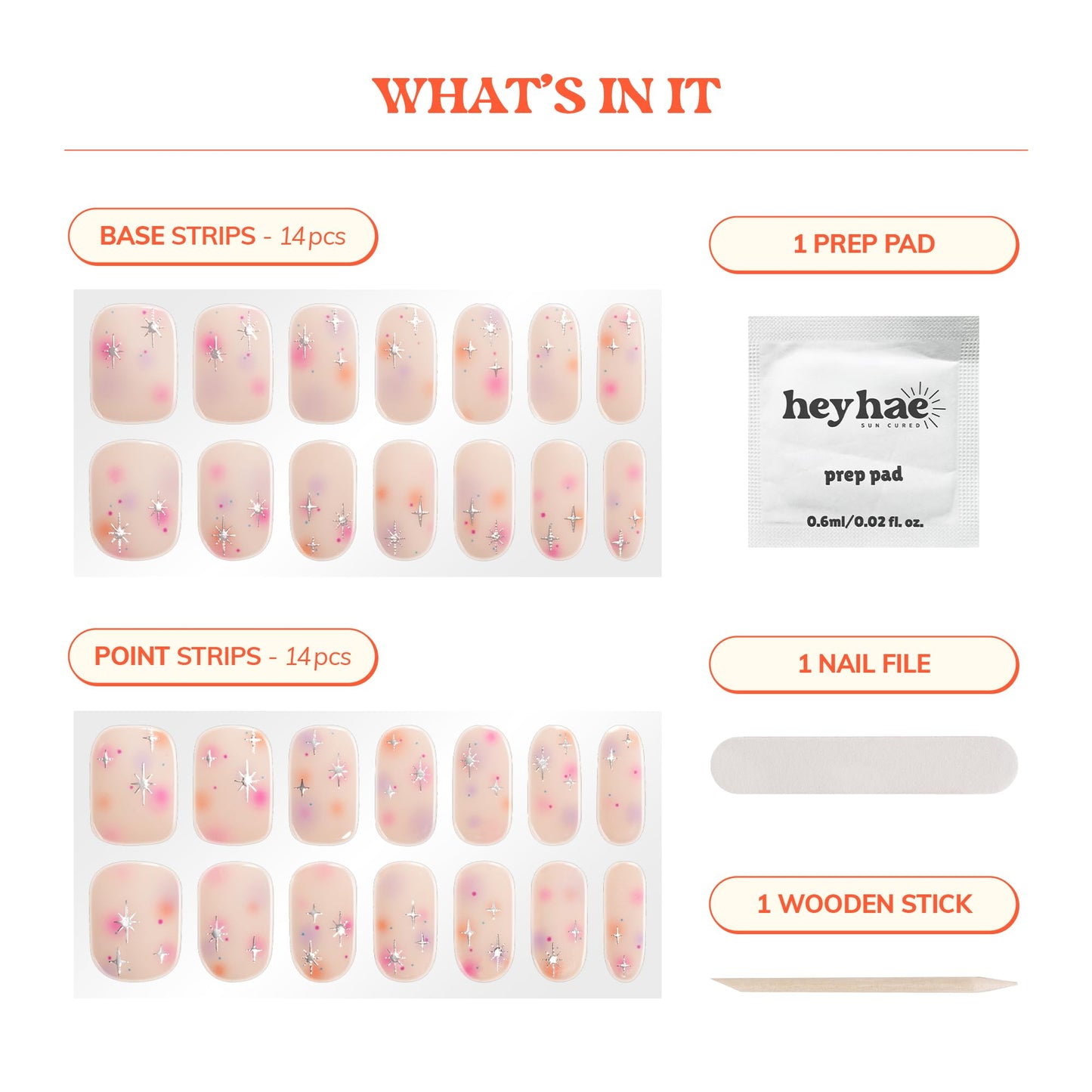 Contents of Heyhae nail kit including 28 strips and prep tools