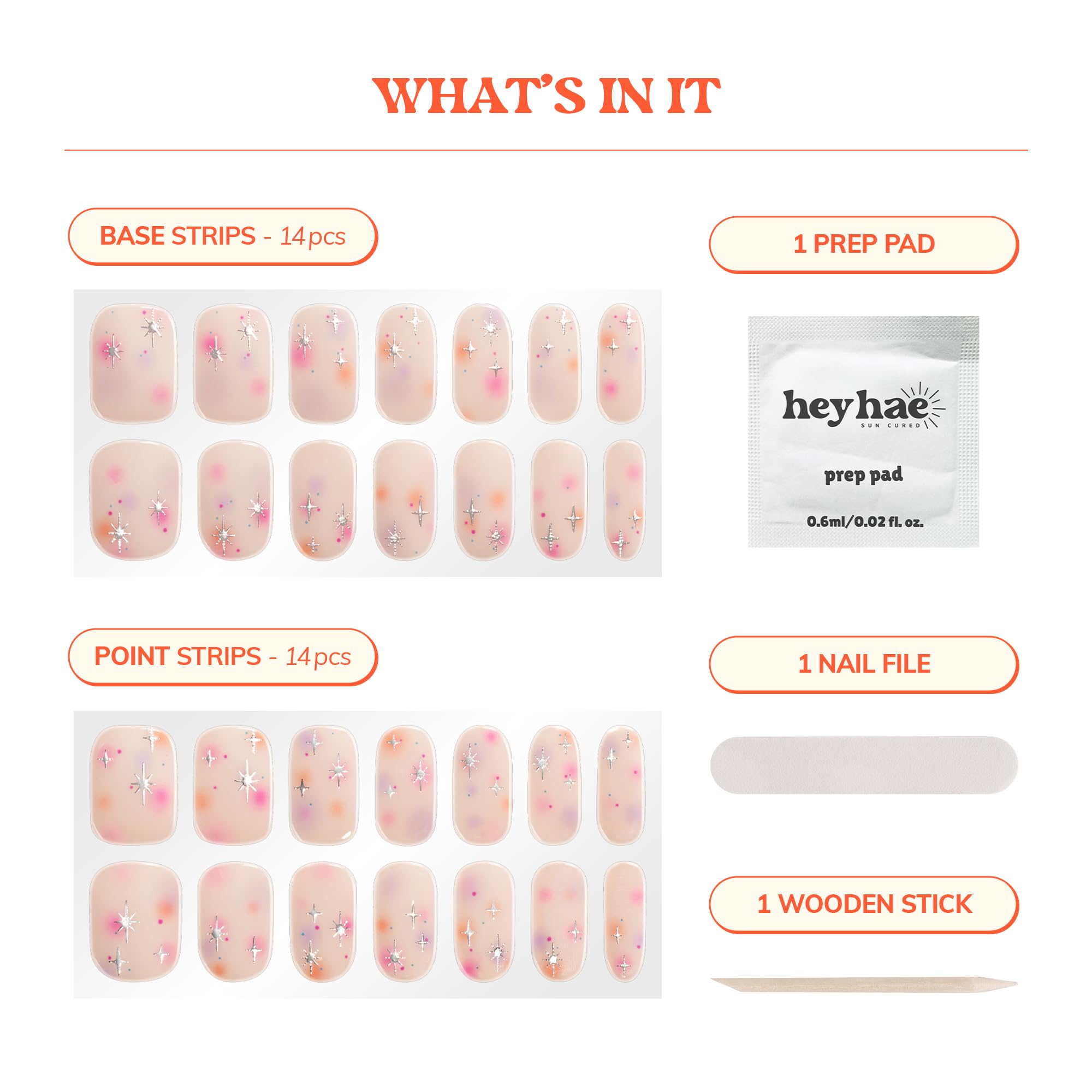 Contents of Heyhae nail kit including 28 strips and prep tools