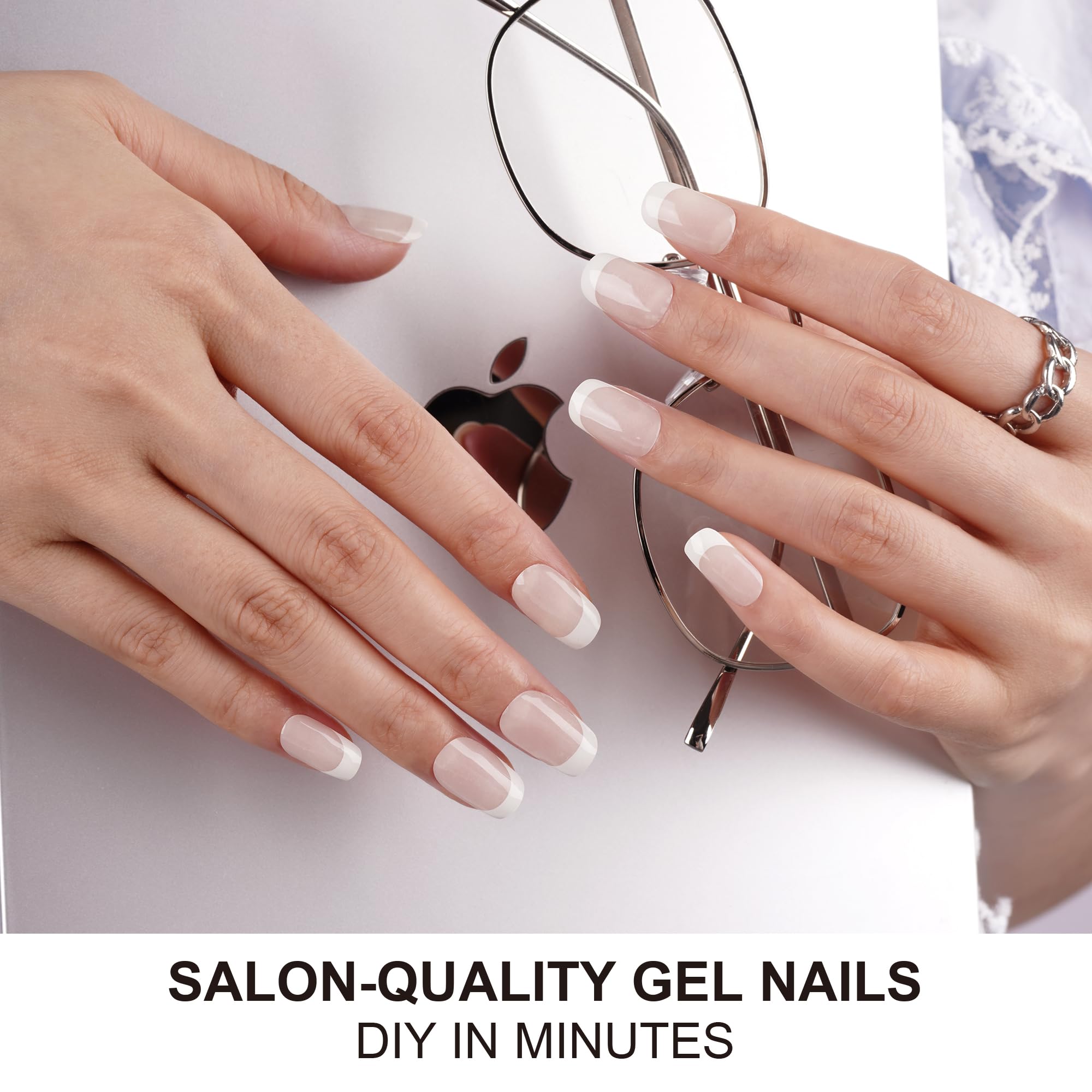 French style white tipped gel nail wraps on hand