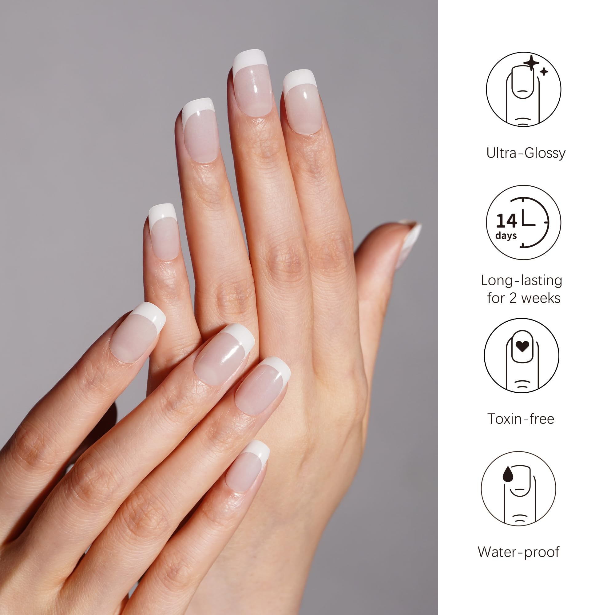 Close up view of translucent white French gel nail stickers