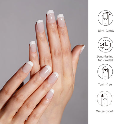 Close up view of translucent white French gel nail stickers