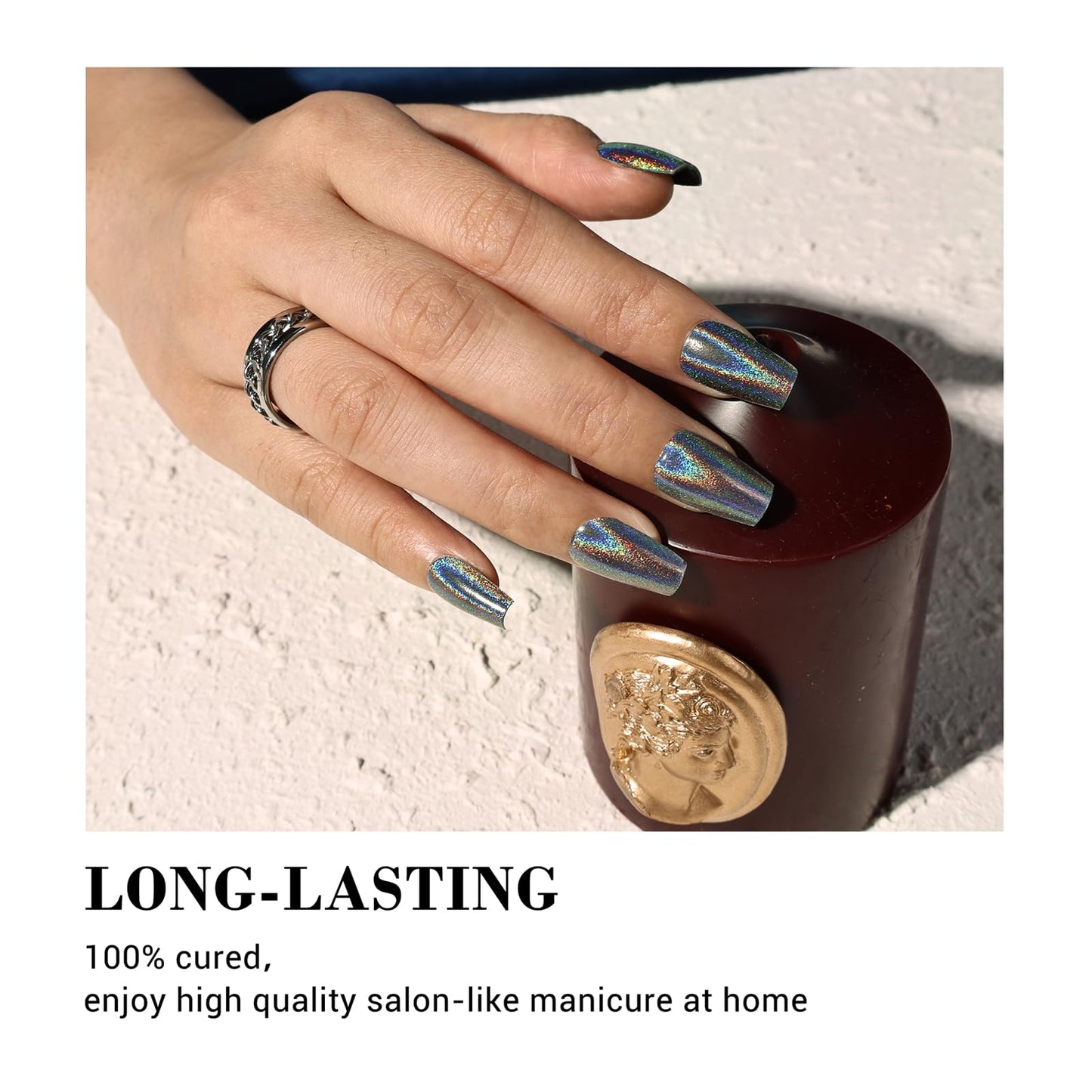 Detailed view of chrome finish MelodySusie gel nail strips on fingernails