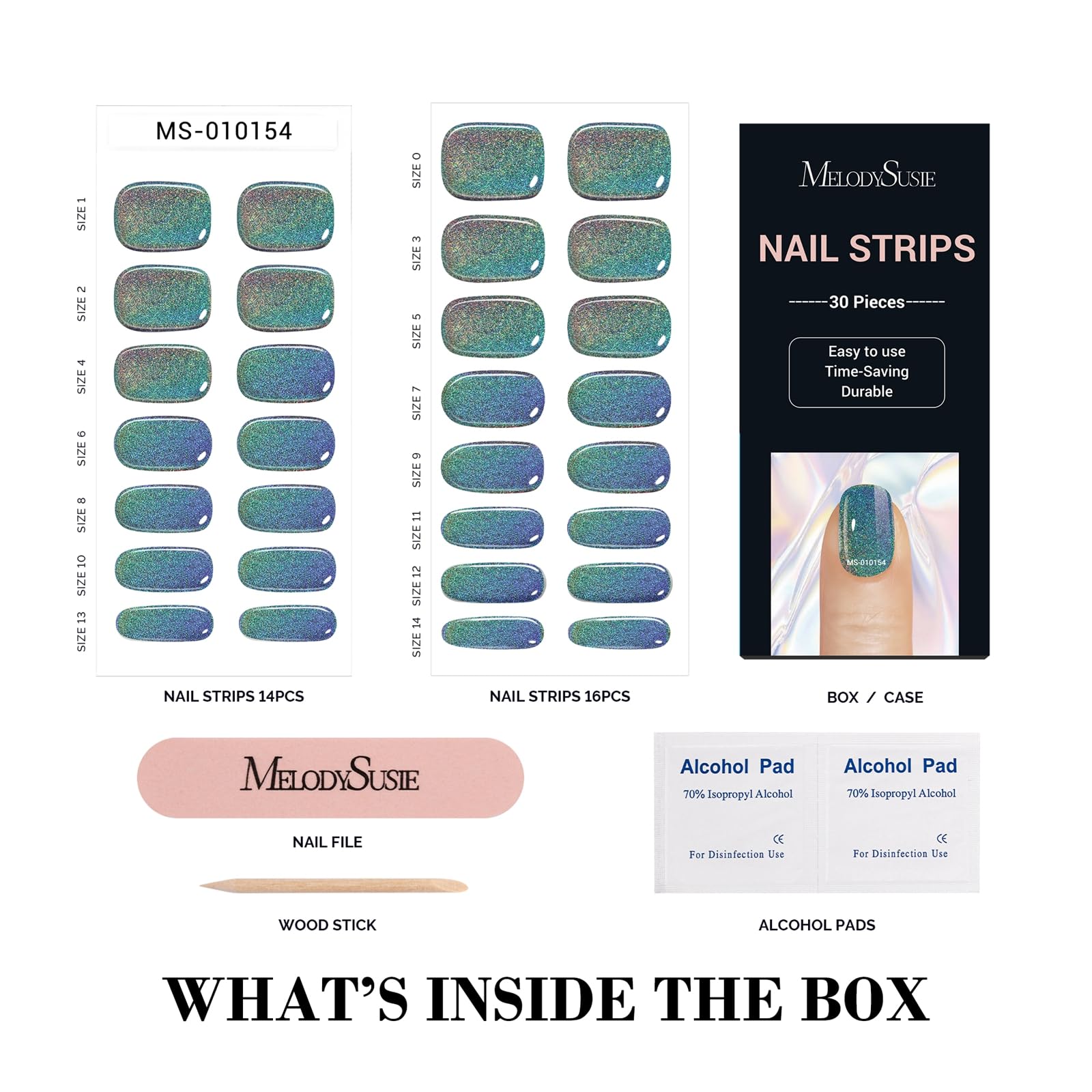 Contents of MelodySusie semi cured gel nail strips kit with prep pads and file