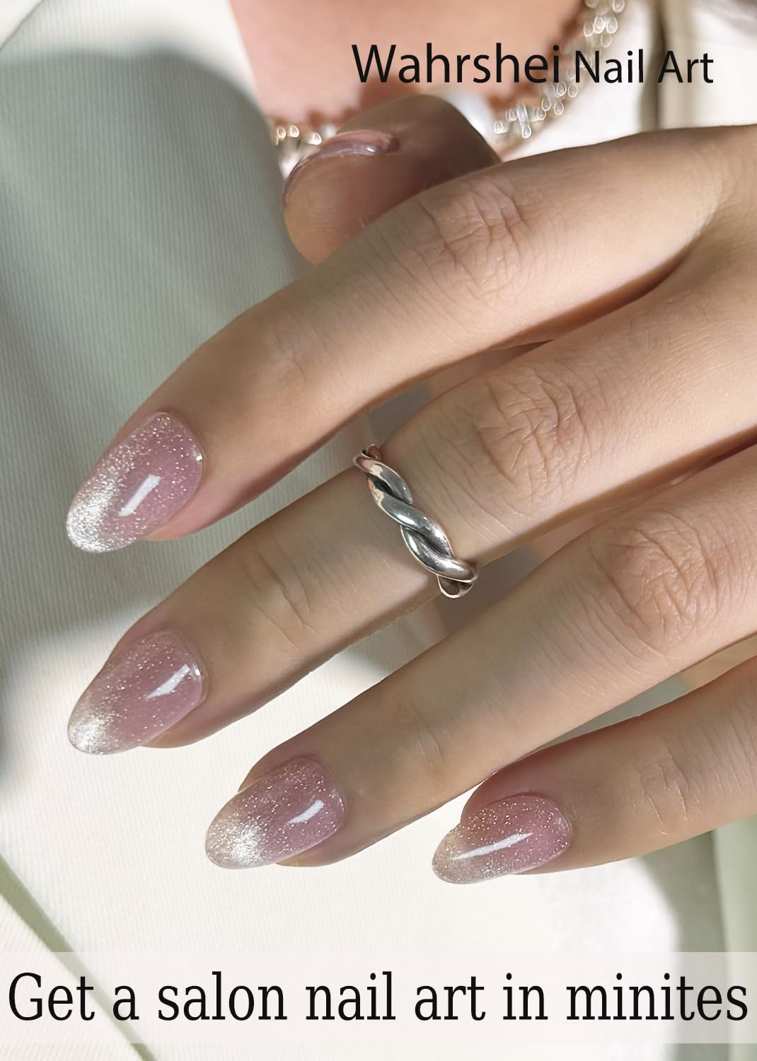 Model showing finished cat eye manicure using Wahrshei gel strips