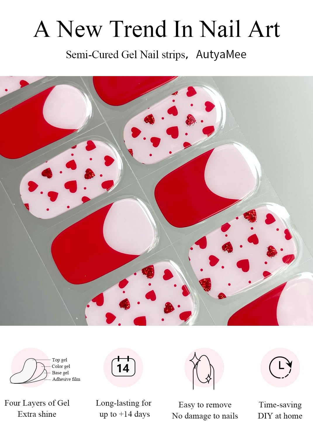 Model showing application of Valentine themed gel nail strips