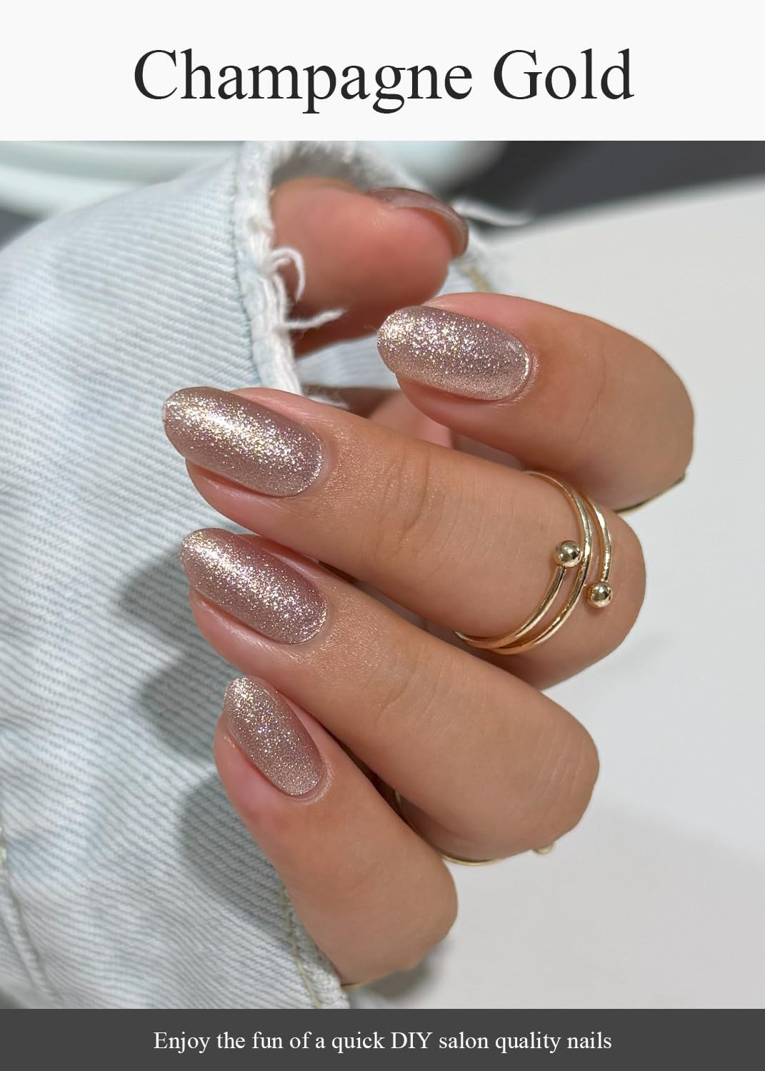 Top view of Champagne Gold glitter finish nail strips