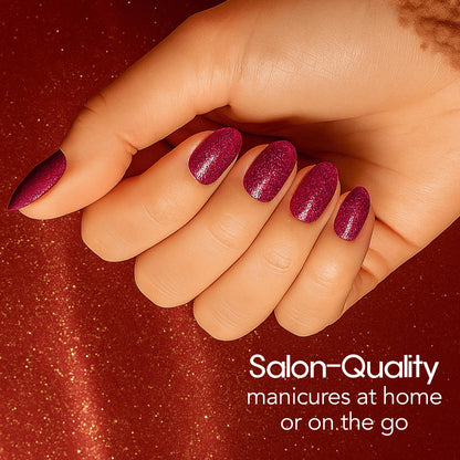 Close up of ruby red glitter nail polish strips texture