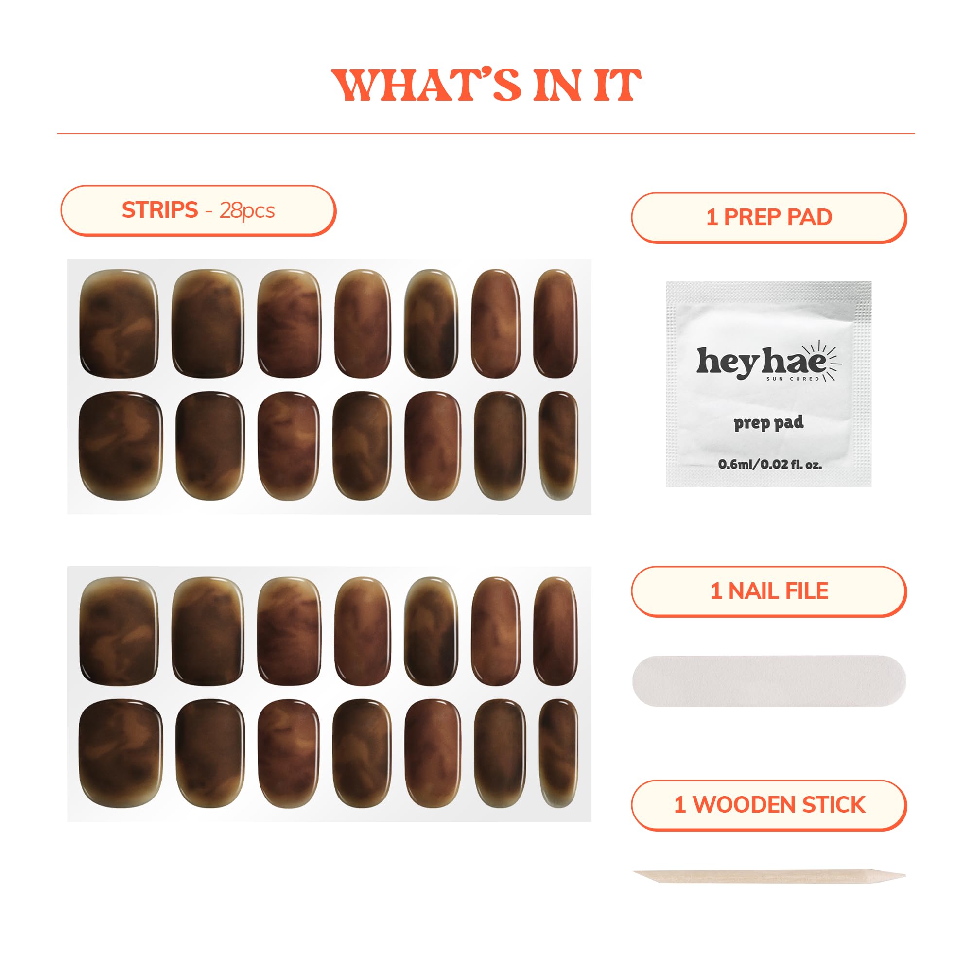 Contents of Heyhae nail kit including prep pad and file