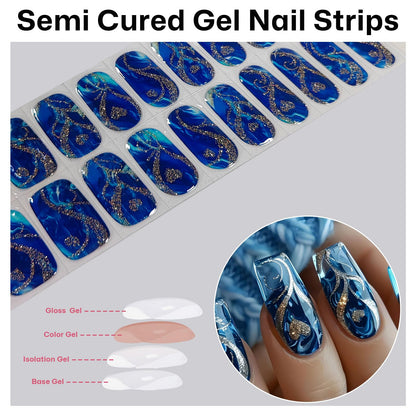 Model showing application of blue swirl gold heart gel strips