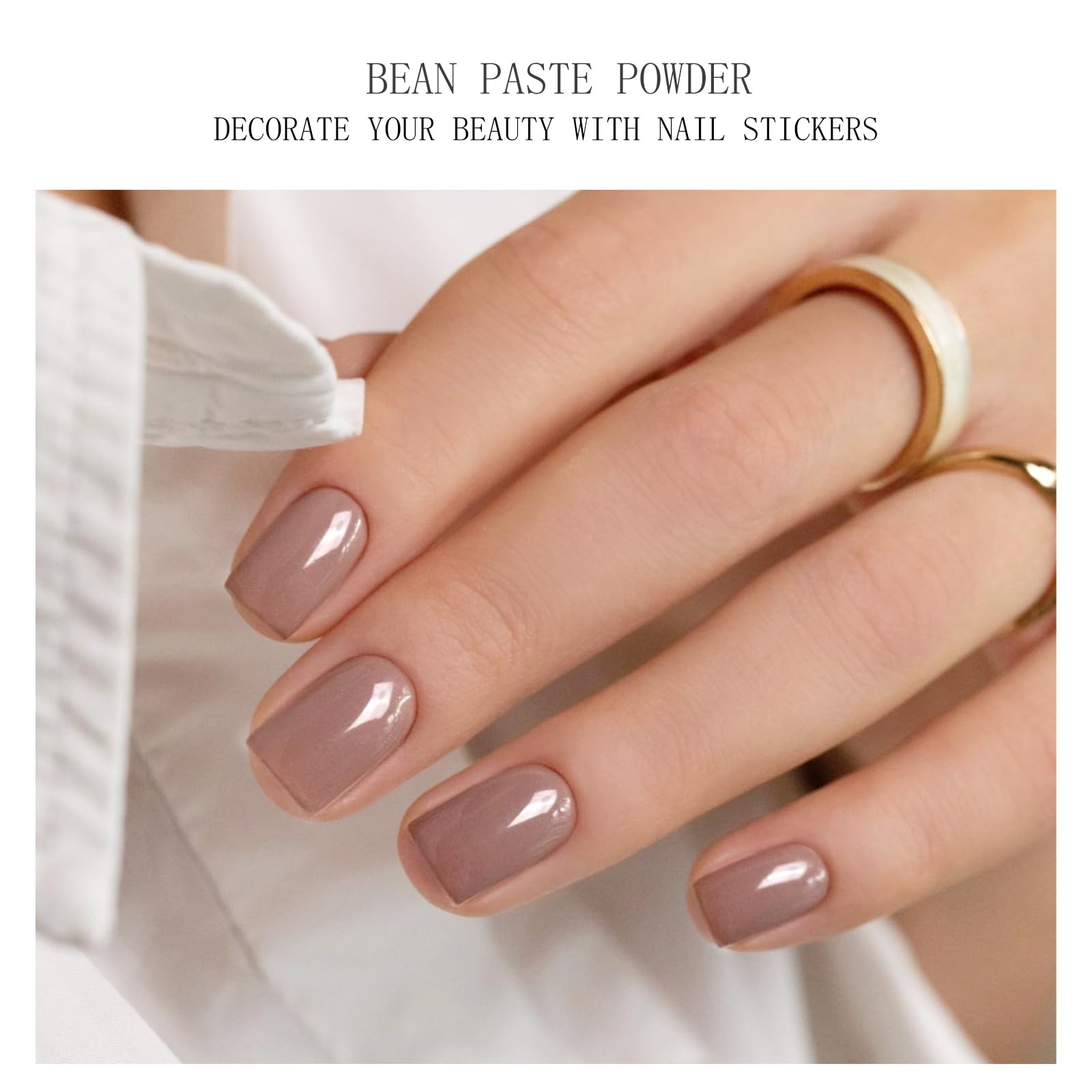 Model showing glossy coffee colored gel nail art