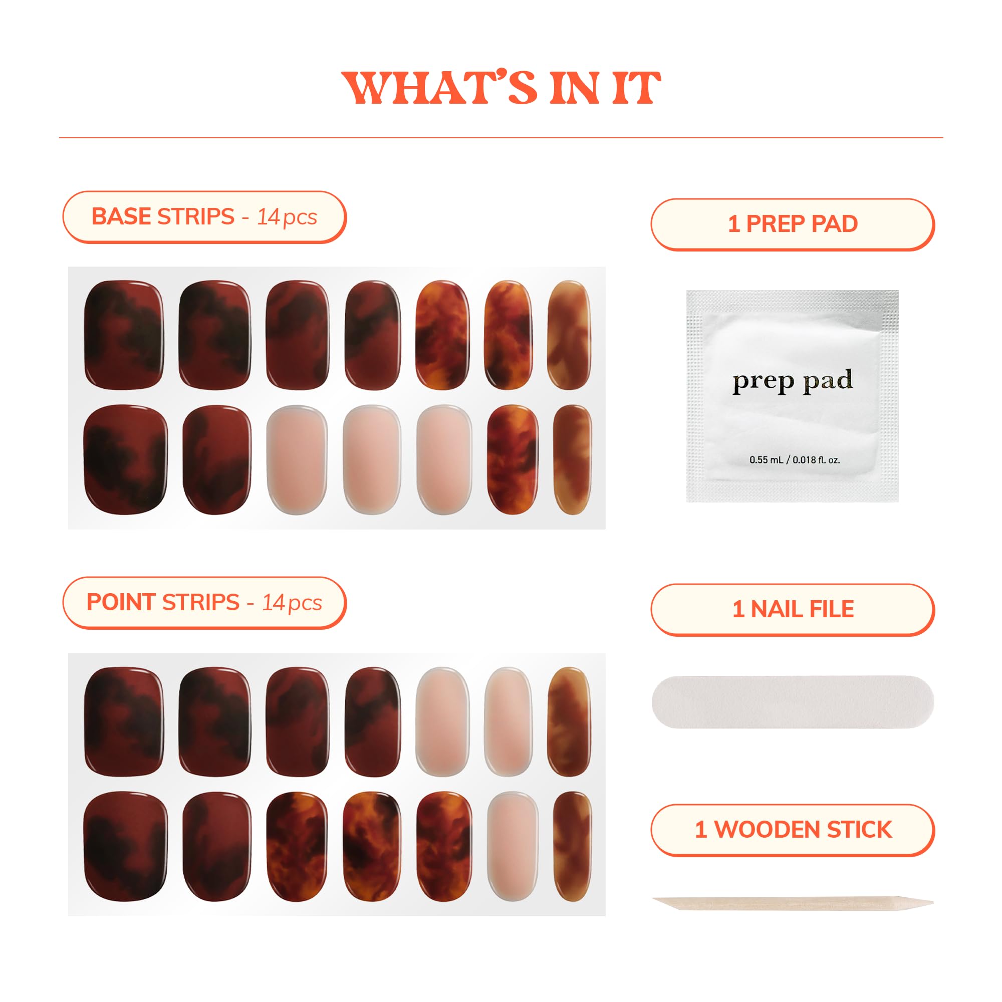 Contents of Heyhae nail strips kit with prep pad and file