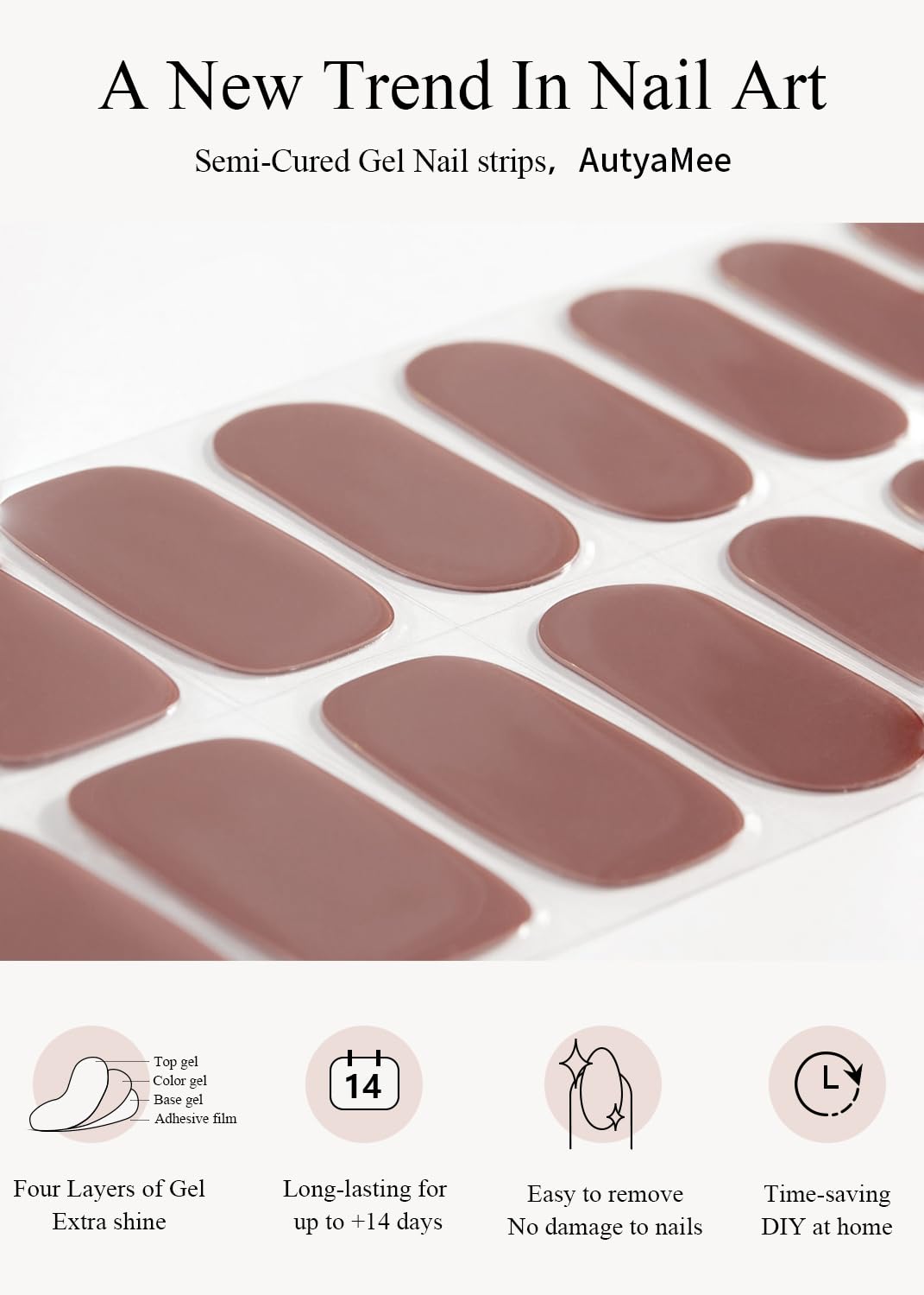 Model showing application of brown gel nail wraps