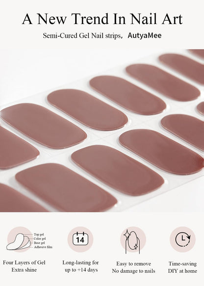 Model showing application of brown gel nail wraps