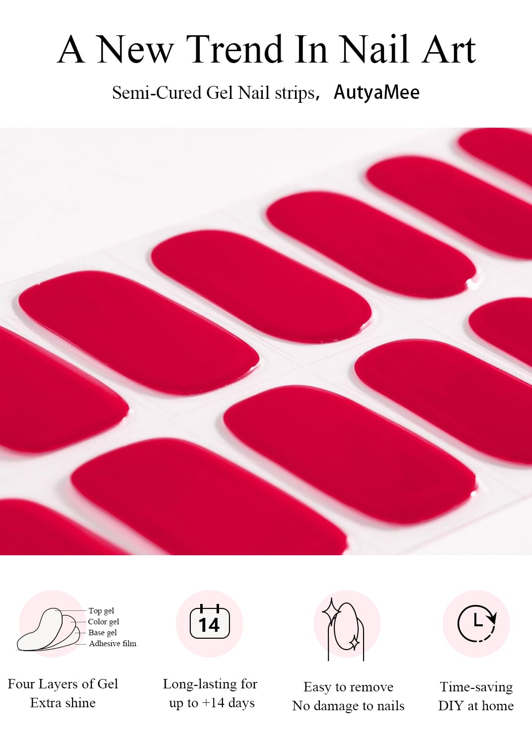 Demonstration of 20 pieces of various sized red gel nail wraps