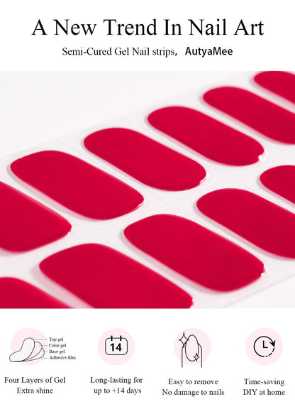 Demonstration of 20 pieces of various sized red gel nail wraps