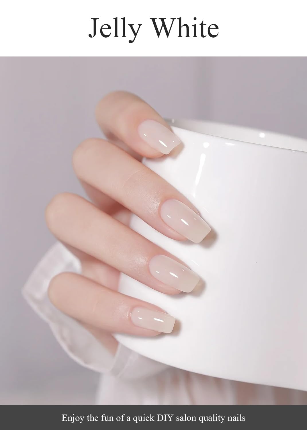 Final look of jelly white cured gel nails on hands