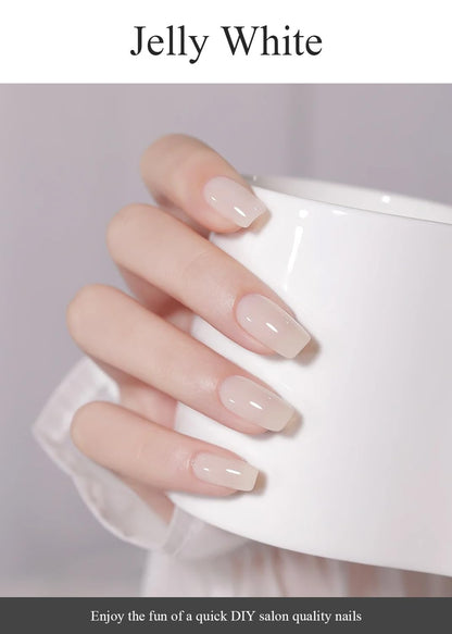 Final look of jelly white cured gel nails on hands