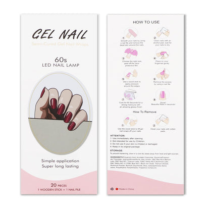 Application of red semi-cured gel nail strips under UV lamp