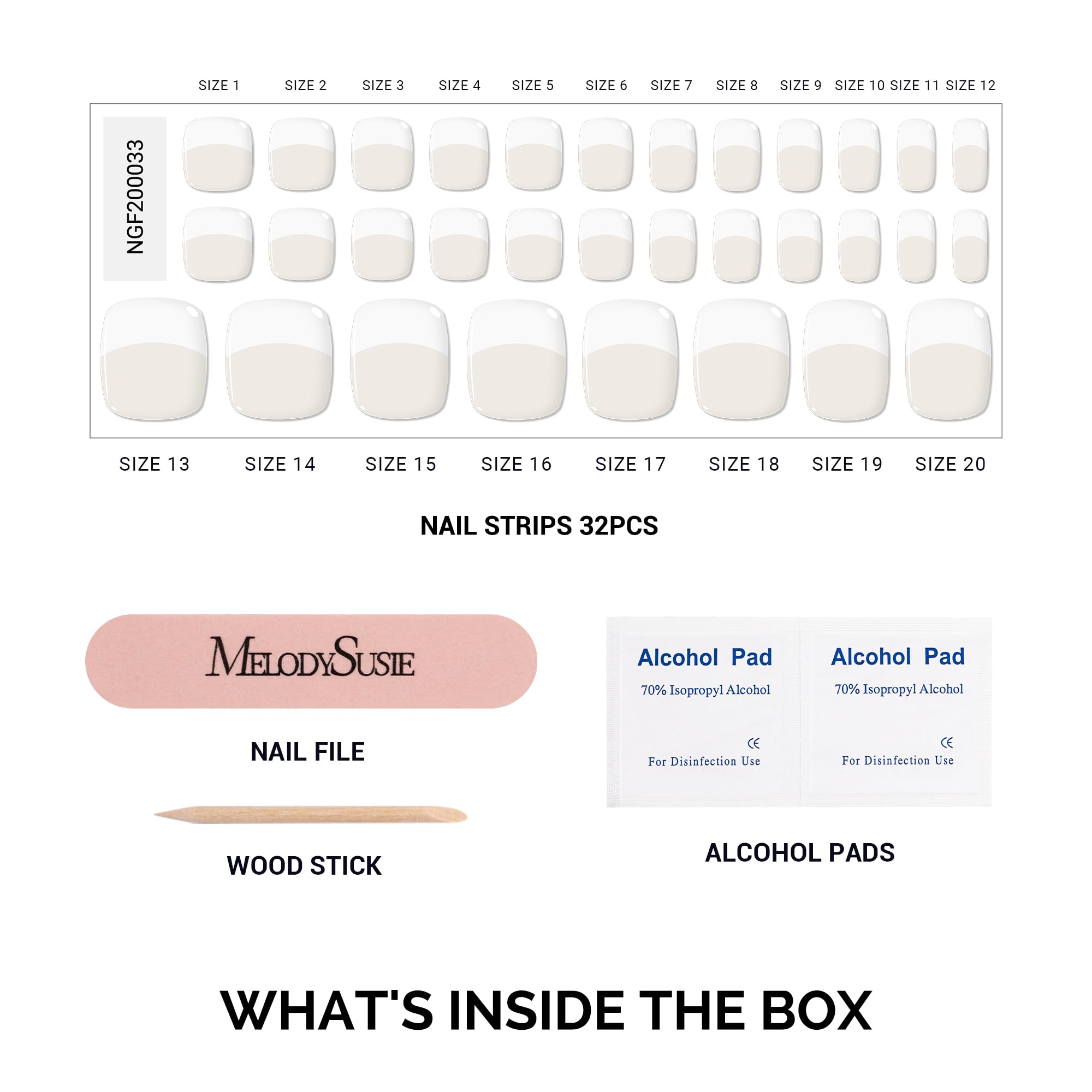 MelodySusie semi cured gel nail strips set contents and sizes