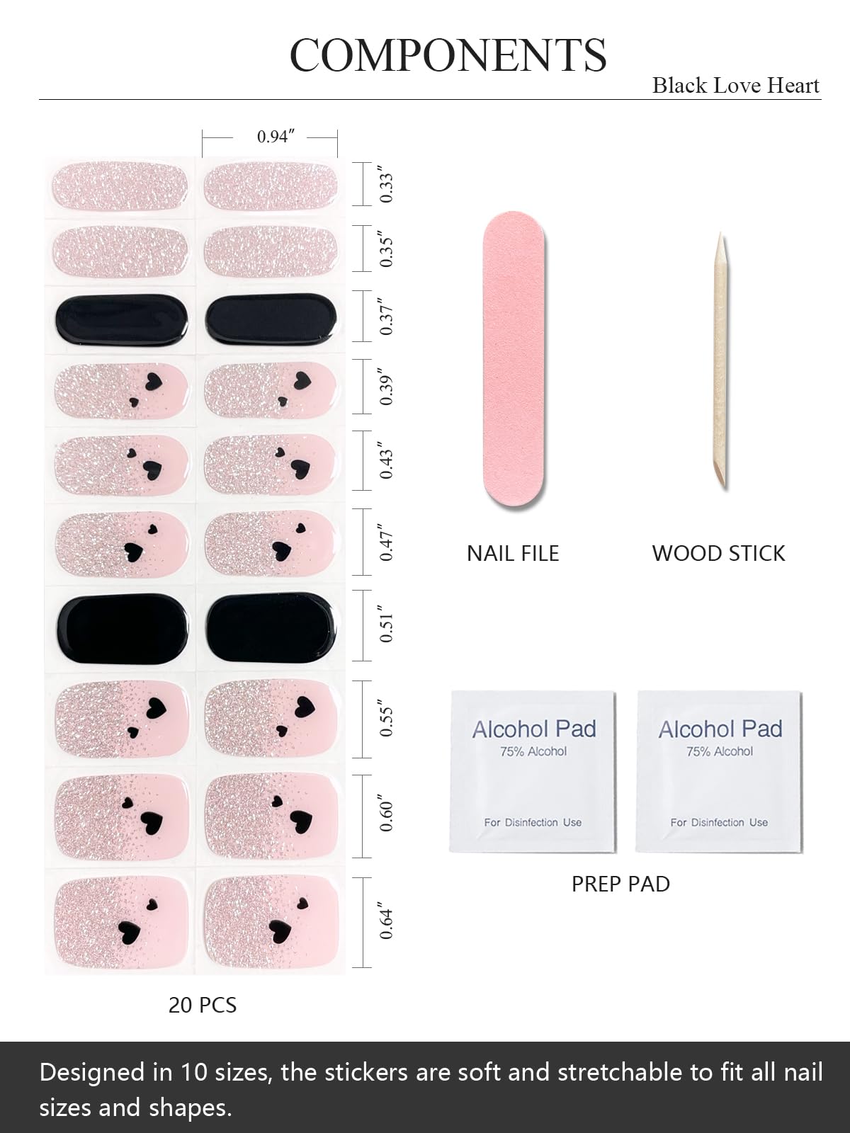 20 pieces set of black heart gel nail stickers with silver glitter