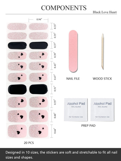 20 pieces set of black heart gel nail stickers with silver glitter