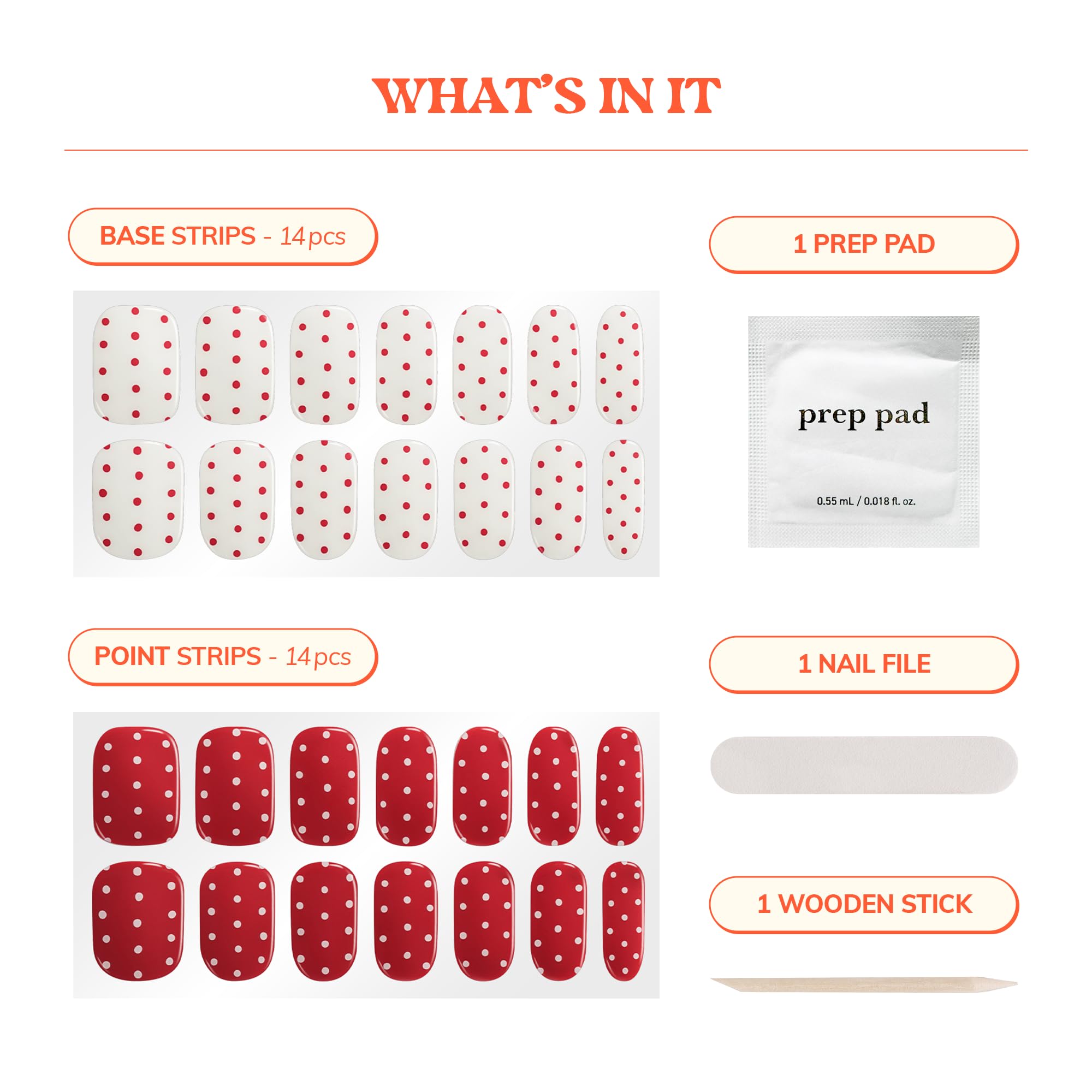 Close up of red and white polka dot gel nail strips design