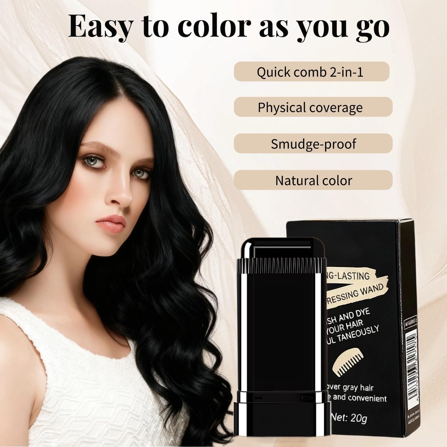 Demonstration of hair dye stick covering white roots