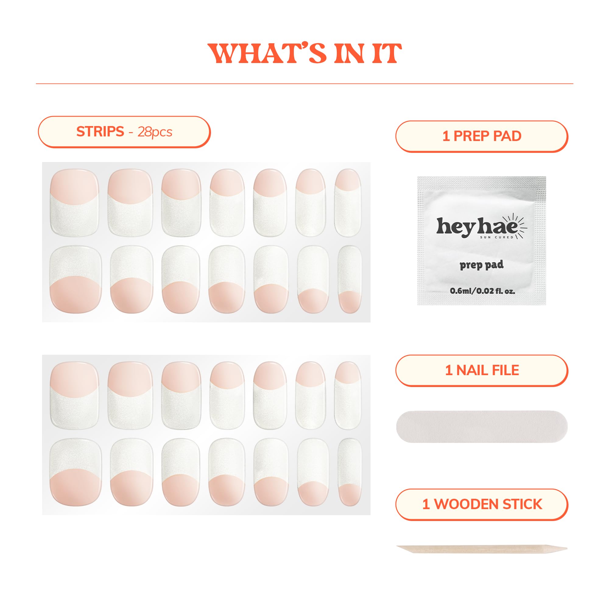 Heyhae gel nail strip kit contents including file and stick