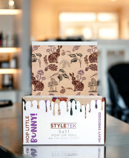 Close up of Styletek heavy embossed hair foil sheets with rabbit pattern.