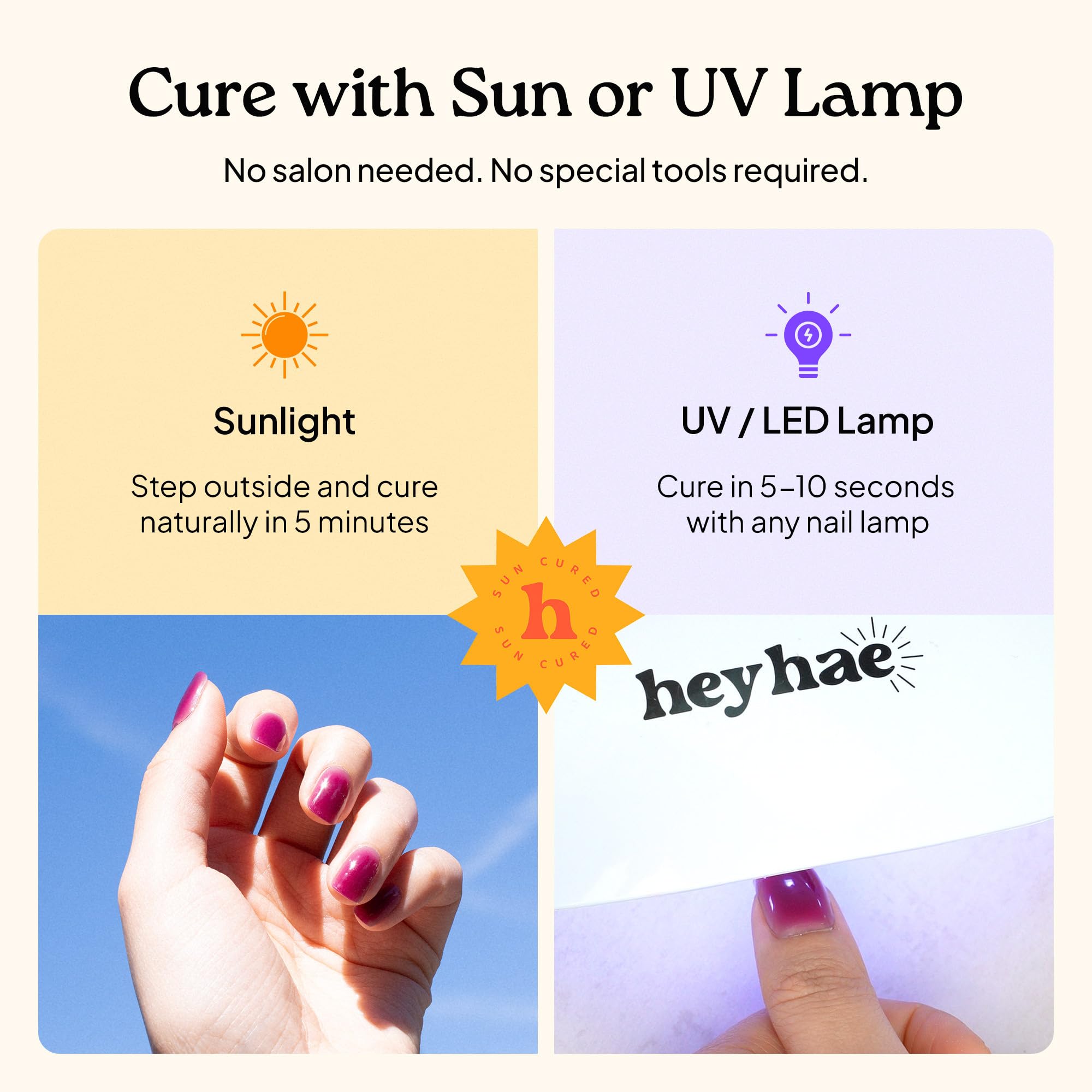 Instructions on how to apply Heyhae sun cured gel nail wraps