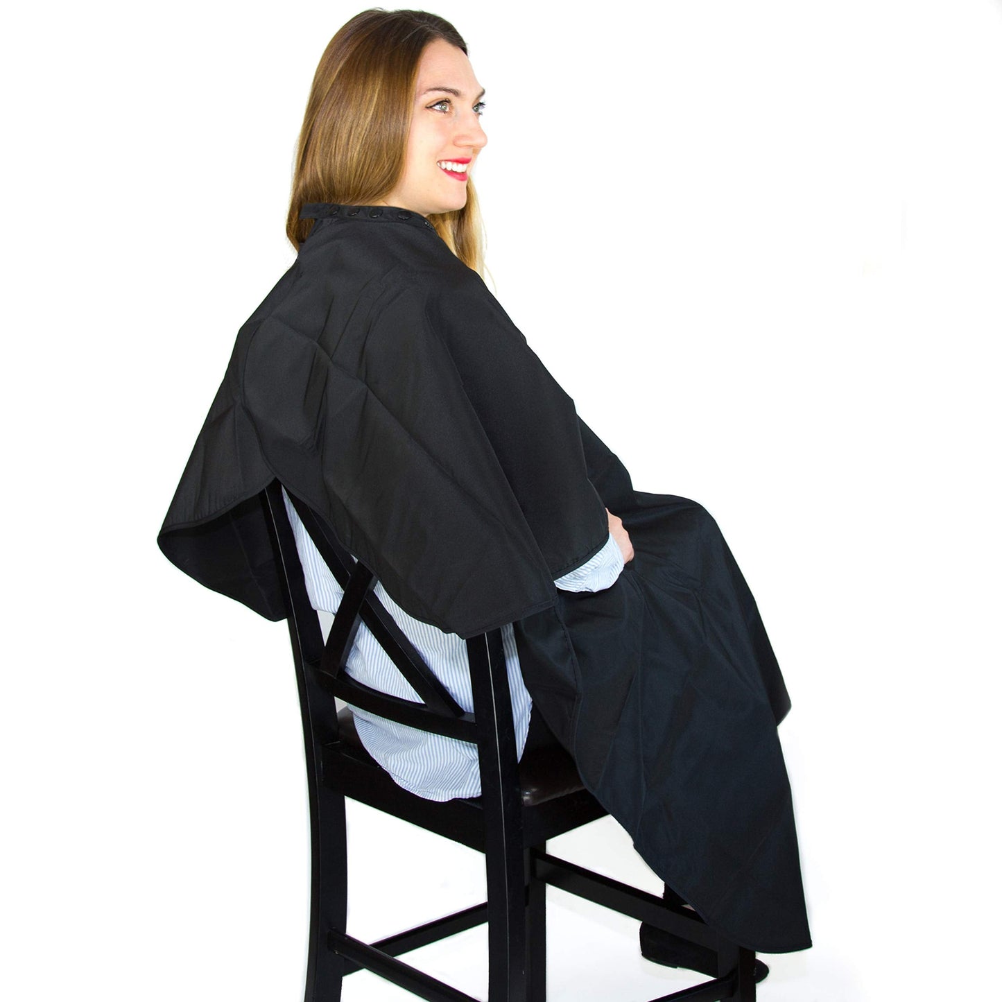 Salon Supply Co cape showing full body coverage for hair dyeing
