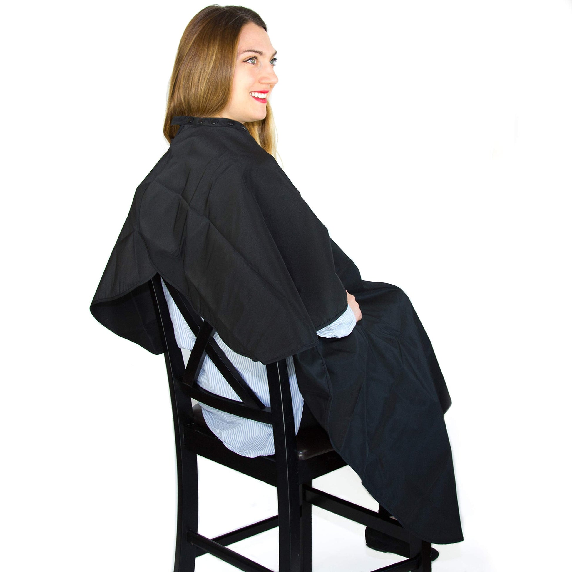 Salon Supply Co cape showing full body coverage for hair dyeing