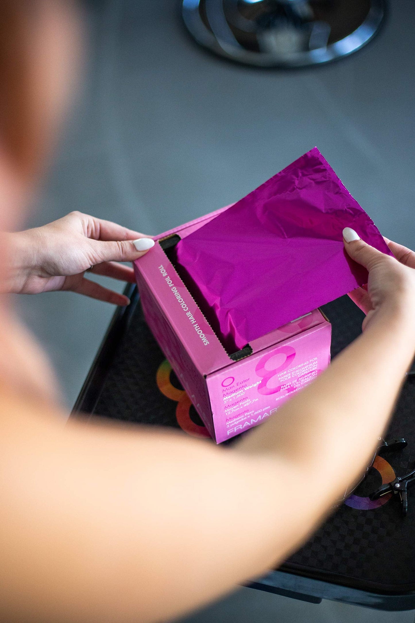 Magenta hair foil roll in dispenser box