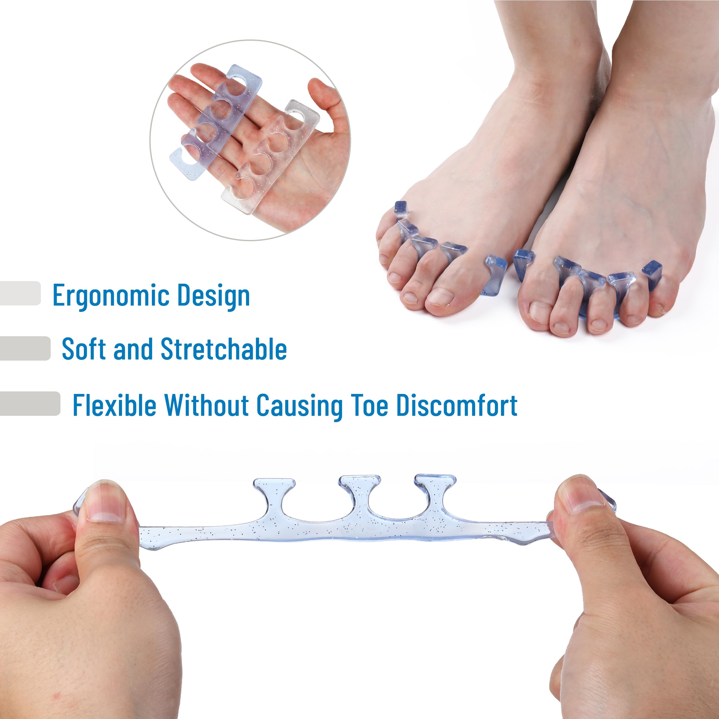 Blue and clear gel toe separators for bunion relief