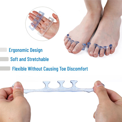 Blue and clear gel toe separators for bunion relief