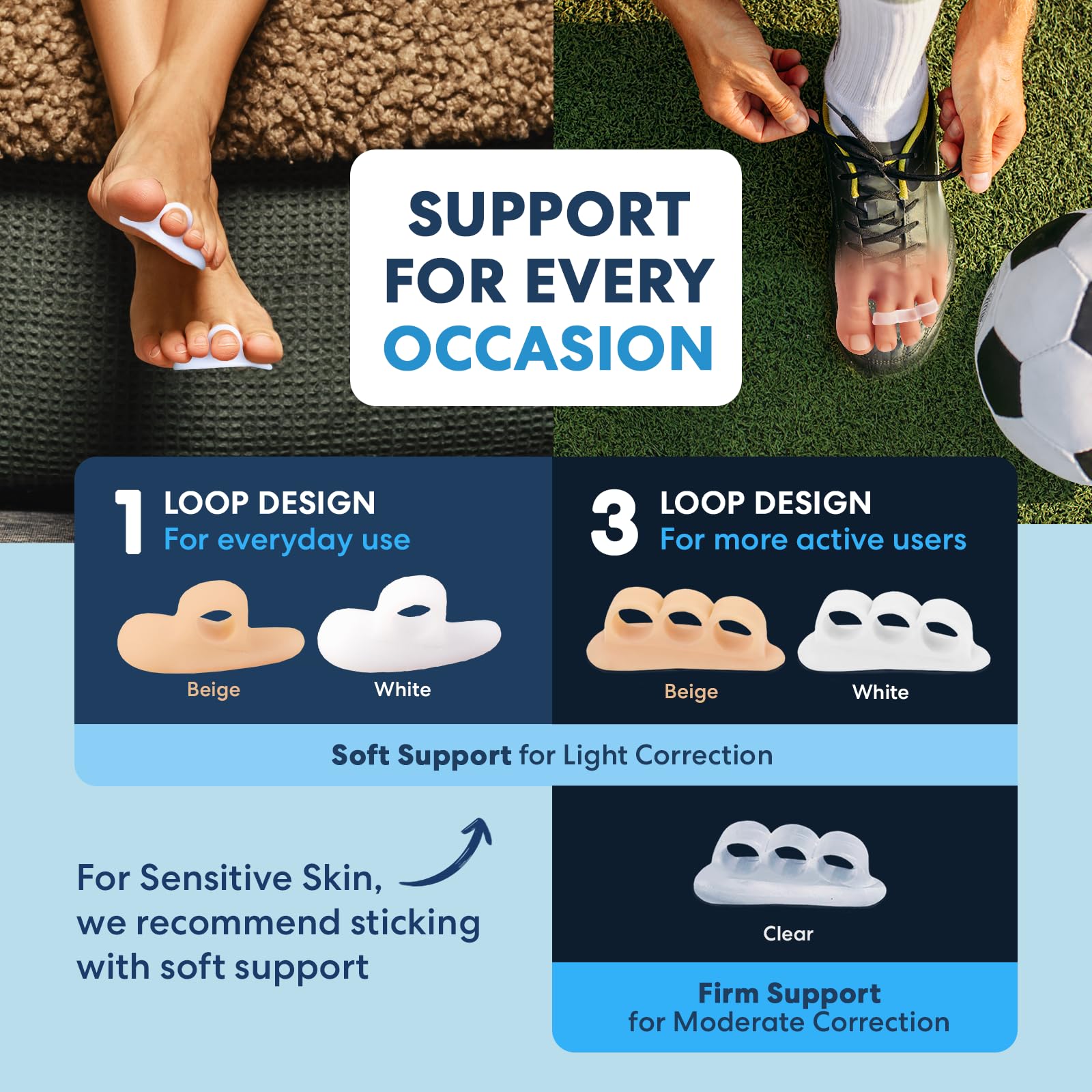 Two pairs of medical-grade toe cushions in packaging