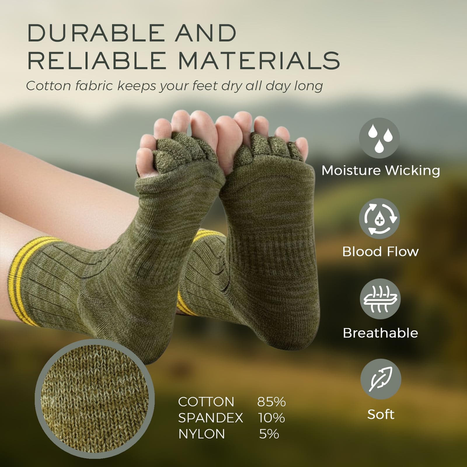 Five toe alignment socks showing toe separation